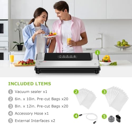 Bonsenkitchen Vacuum Sealer Machine with 40 Bags | Compact Food Sealer for Kitchen Storage & Meal Prep | Multiple Modes | External Vacuum System, Silver