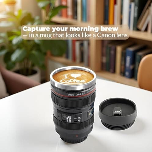 Camera Lens Coffee Mug with Slider Lid and Spoon– Realistic DSLR Thermos Cup, Novelty Gift for Photographers, Men & Women