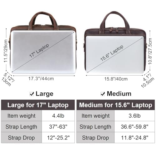 Masa Kawa Leather Briefcase for Men 15.6", 17" Laptop Computer Case Business Travel Work Messenger Cross Body Shoulder Bag