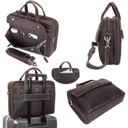 Masa Kawa Leather Briefcase for Men 15.6", 17" Laptop Computer Case Business Travel Work Messenger Cross Body Shoulder Bag