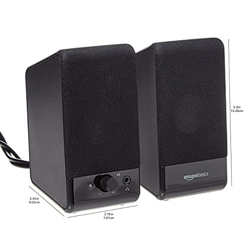 Amazon Basics USB-Powered Computer Speakers with Volume Control for Desktop or Laptop PC, Compact Size, Headphone Jack, Portable, Plug-N-Play, Black