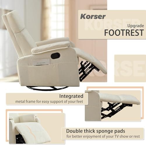 Korser Recliner Chair, Swivel Rocking Recliner Chair for Adults, Glider Rocking Chair, Small Nursery Chair Recliner for Living Room, Reclining Chair with Modern-Designed Armrests, Chenille, Beige