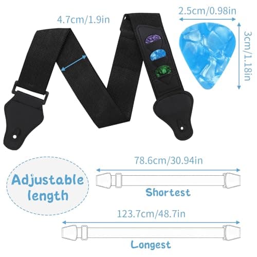 zenjarigily Guitar Strap with 3 Pick Holders, Includes 6 Guitar Picks and a pick box- Adjustable for Acoustic Electric Guitar