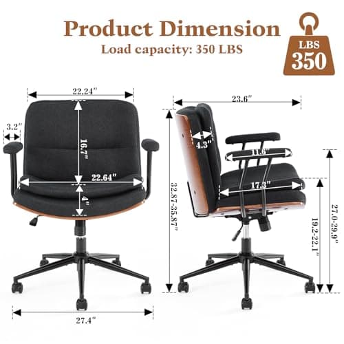 Home Office Desk Chair with Armrests & Wheels, Modern Walnut Swivel Rolling Executive Task Chair, Height Adjustable Ergonomic Computer Chair, Black Fabric
