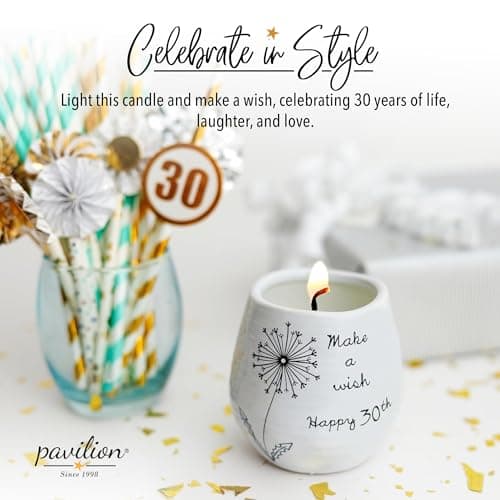 Pavilion - 8 Oz Candle Holder - White Ceramic Candle Jar with 100% Soy Wax Candle Serenity Scent "Make a wish Happy 30th" Ideal Gift for Loved Ones - Printed Text, Love Theme & Oval Shape