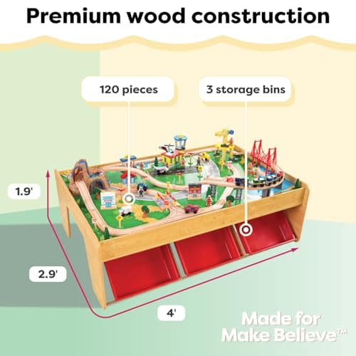 KidKraft Waterfall Mountain Wooden Train Set & Table with 120 Pieces, 3 Storage Bins