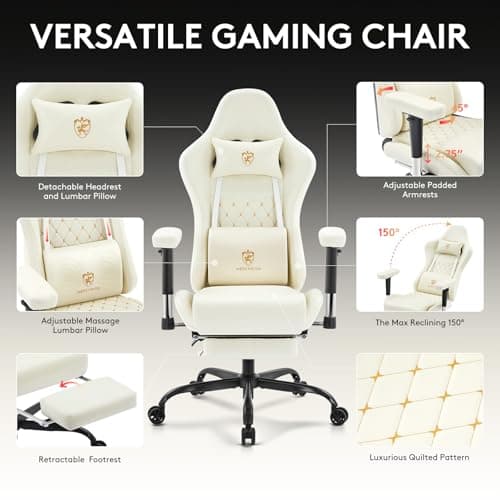 Gaming Chair,Computer Office Chair with Footrest,Massage Lumbar Support and Gel Pad,Ergonomic Reclining Leather Gamer Chair with Headrest,Adjustable Armrests and Spring Cushion Ivory