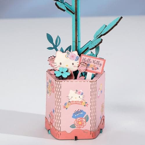 Hands Craft Hello Kitty and Friends Pink Rose 3D Wooden Puzzle Kit | DIY Flower Model | Arts & Crafts for Adults & Kids | Creative Hobby Kits | Hello Kitty Collectible | Wood Building Set