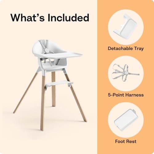 Stokke Clikk High Chair, White - All-in-One High Chair with Tray + Harness - Light, Durable & Travel Friendly - Ergonomic with Adjustable Features - Best for 6-36 Months or Up to 33 lbs