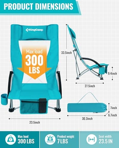 KingCamp Low Beach Chair, High Back Folding Camping Chair for Adults, Oversized Breathable Mesh Seat, 300lbs Heavy Duty Portable Chair with Cup Holder & Storage Pockets for Beach, Outdoor