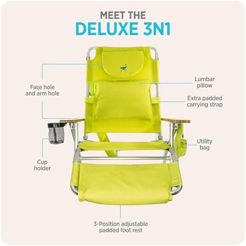 Ostrich the Deluxe 3N1 Lightweight Lawn Beach Reclining Lounge Chair with Footrest, Outdoor Furniture for Patio, Balcony, Backyard, or Porch, Lime