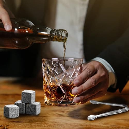 Whiskey Stones Gift Set - Bourbon Stones Gift for Men - 4 Granite Chilling Whiskey Rocks - Whiskey Glass and Stones Set - Drinking Gifts for Men Dad Husband Birthday Father's Day Groomsmen Gifts