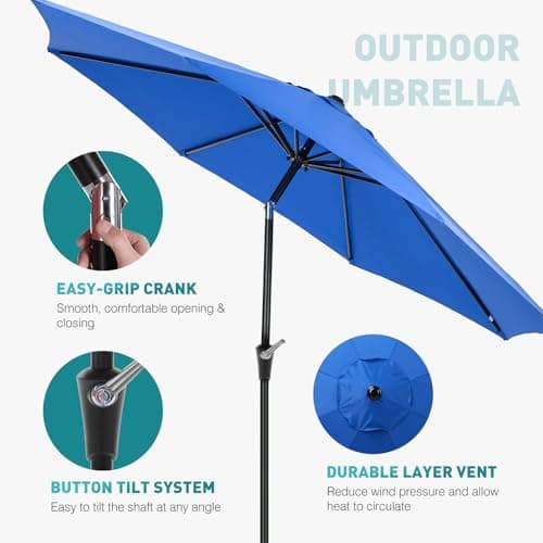 OLIXIS 9ft Patio Umbrella with Tilt and Crank Button & 8 Sturdy Ribs Waterproof, Patio Table Umbrella Perfect for Poolside, Terrace, Beach and Outdoor Restaurant, Blue