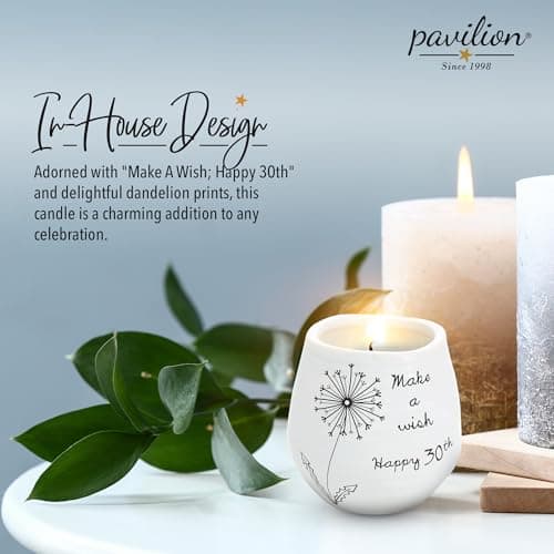 Pavilion - 8 Oz Candle Holder - White Ceramic Candle Jar with 100% Soy Wax Candle Serenity Scent "Make a wish Happy 30th" Ideal Gift for Loved Ones - Printed Text, Love Theme & Oval Shape