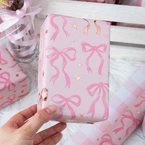 Reversible Plaid Gift Paper for Girl Baby Shower, Birthday, Wedding, Bridal Shower, Memorial Day, 17 Inch x 33 Feet MAYPLUSS Pink Wrapping Paper Roll, Cute Bow Gift Wrap B0DXV62X5W