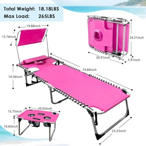 Outdoor Tanning Chair with Sun Canopy Shade & Face Hole, Folding Lounge Chair with Beach Table and Carry Bag for Poolside Sunbathing Lawn