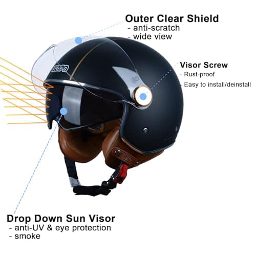 Open Face Motorcycle Helmet for Adults, DOT Approved,3/4 Retro Vespa Helmet, Dual Visors Men's and Women's Motorbike Casco for Moped Cruiser Bobber and Chopper