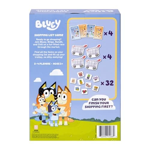 Bluey Shopping List Game, Join Bluey, Bingo, Bandit & Chilli On A Fun Supermarket Adventure, Race to Fill Your Trolley in This Fun Memory and Matching Game, for Ages 3+, 2-4 Players