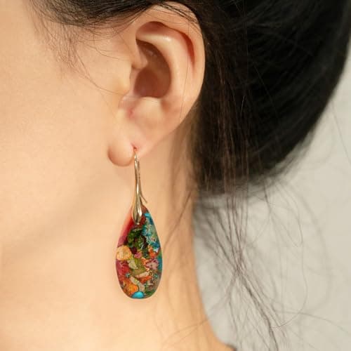 Sriomu Natural Healing Stone Fishhoop Dangle Drop Earrings Statement Gold silver earrings B0DGQW4PKS