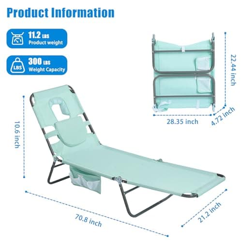 SUNNYFEEL Beach Lounge Chair, Reclining Beach Chairs Lay Flat, Sun Face Down Tanning Chair, Folding Camping Chairs Portable Camp Cot with Backpack Straps for Outdoor/Picnic/Lawn