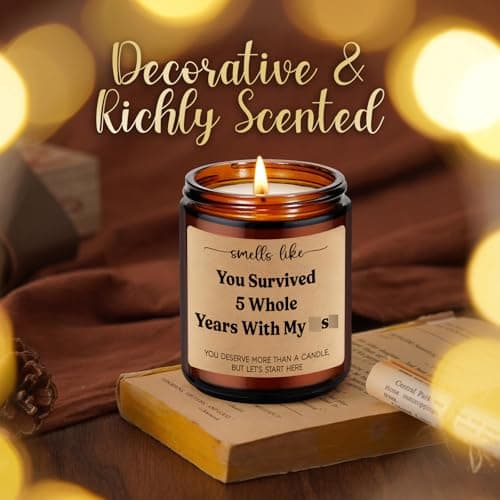 LEADO 5th Wedding Anniversary Candle - 5 Year Marriage Wood Themed Gifts for Husband Wife, 5 Year Anniversary Candle Gifts for Him Her - 5th Anniv. Funny Present for Couple, Women, Men, BF, GF
