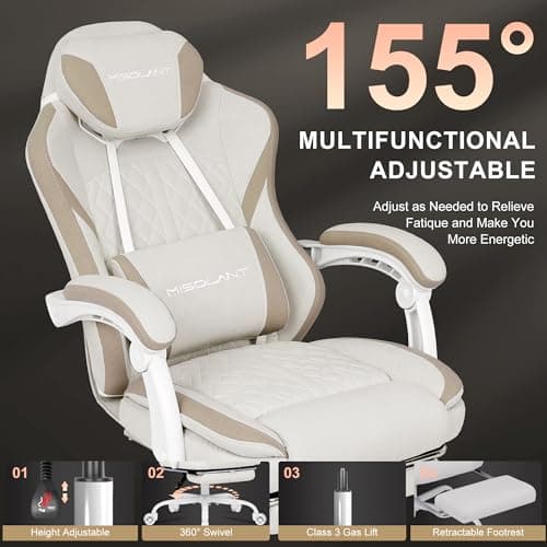 Misolant Gaming Chair, Fabric Gamer Chair with footrest for Adults, High Back Ergonomic Computer Game Chair with Adjustable Headrest and Massage Lumbar Support, 90-155° Recline Free, Beige