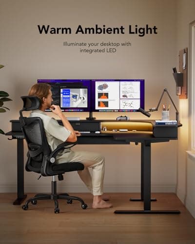 HUANUO 65″ L-Shaped Standing Desk with Power Outlets & LED Strip, Electric Height Adjustable Corner Computer Desk, Sit Stand Up Desk with 3 Drawers, Black