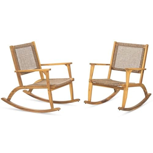Acacia Wood Outdoor Rocking Chair Set of 2, Natural Wicker Outdoor Rockers with Wicker Rattan Seat & Backrest, 400 lbs Capacity Heavy Duty Rocker for Garden, Backyard & Balcony (Natural)