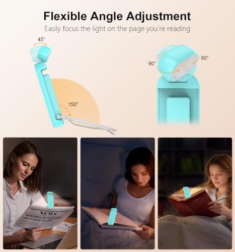 Gritin Reading Light, Rechargeable Book Light for Reading in Bed - Eye Caring 3 Color Temperatures, 5-Level Dimmable Brightness, Long Lasting, Compact Size Clip on Book Lamp for Bookworms-Blue