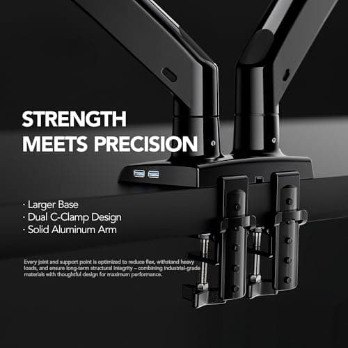 HUANUO Dual Monitor Stand for 13″–40″, Premium Dual Monitor Mount with USB, Height Adjustable Monitor Stand for 2 Monitors, VESA Mount with Clamp/Grommet Base, Holds 26.4lbs per Arm, HNDS7