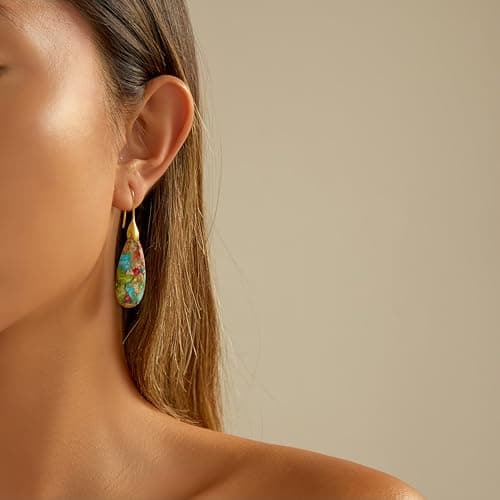 Sriomu Natural Healing Stone Fishhoop Dangle Drop Earrings Statement Gold silver earrings B0DGQW4PKS