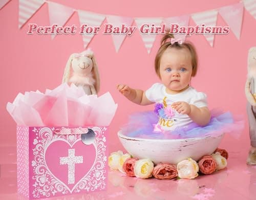 JWSCYSY 12.6" Large Pink Gift Bag with Metallic Silver Floral Cross Design, Card and Tissue Paper for Baby Girl Baptisms, Christenings, First Communions Religious
