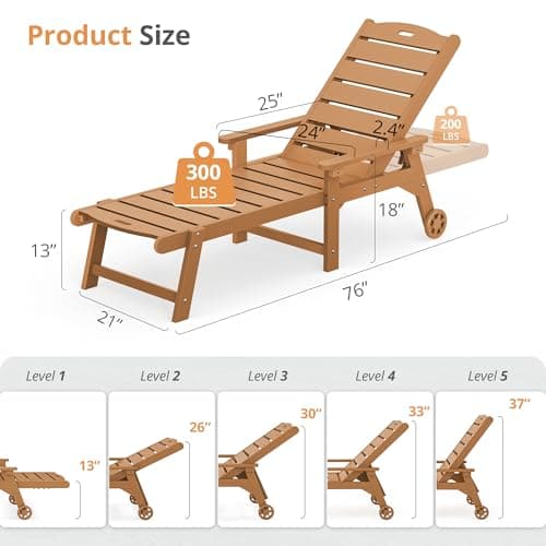 LUE BONA Outdoor Chaise Lounge Chairs Set of 2, HDPS Chaise Lounger, 5 Positions Adjustable Lounge Chairs, Pool Lounge Chair with Wheels for Poolside, Patio, Restaurant, 3 Year Warranty, Teak Color