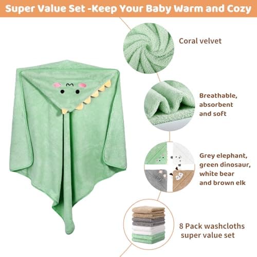 4 PCS Baby Towels & 8 PCS Washcloths Set, Cute Animal Hooded, Ultra Absorbent & Soft, Newborn Shower Gifts for Boys & Girls 12 PCS Baby Bath Towels Set for Infants Toddlers Essentials B0F3JC4GWM