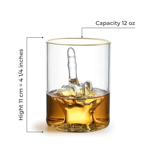 Middle Finger Funny Whiskey Glass – Premium Up Yours Funny Glass for Whiskey, Liquor – Luxurious Gold Rim – Home Bar Accessories Ideal for Man Cave, Fun Gag Gift Patent-Pending