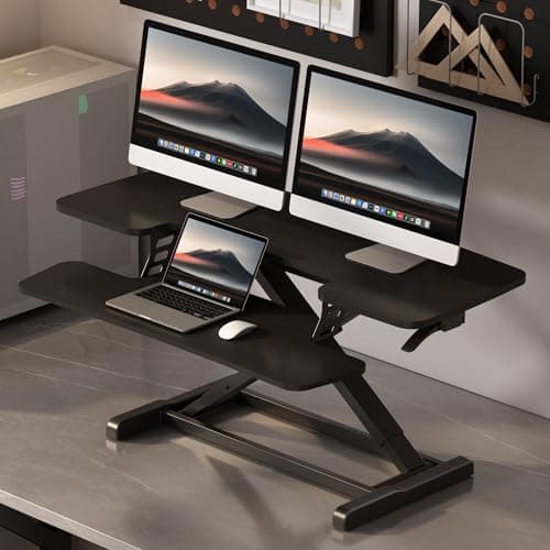 FLEXISPOT Standing Desk Converter 42" Extra Large Desk Riser, Spacious Desktop Riser Sit Stand Computer Workstation with Wide Keyboard Tray, Ergonomic Height Adjustable Stand Up Desk Converter, Black