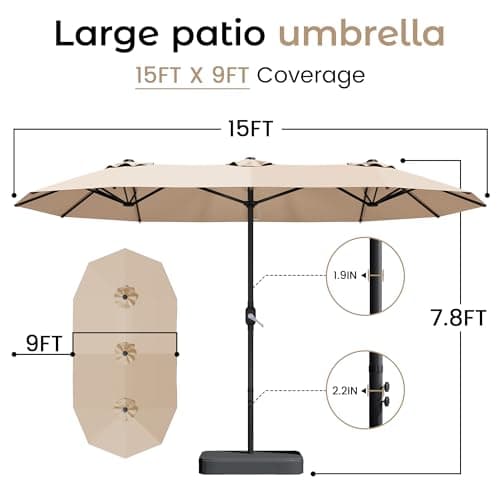 15ft Patio Umbrella with Base,Large Outdoor Double-Sided Rectangle Umbrella with Crank Handle, Market Umbrella for Poolside Garden Deck Backyard Beach Pools, Beige