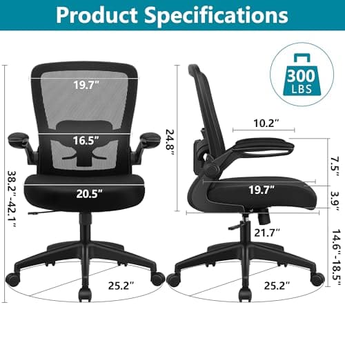 FelixKing Office Chair, Ergonomic Desk Chair Breathable Mesh Chairs Adjustable High Back Lumbar Support Flip-up Armrests, Executive Rolling Swivel Comfy Computer Chairs Home Office Black
