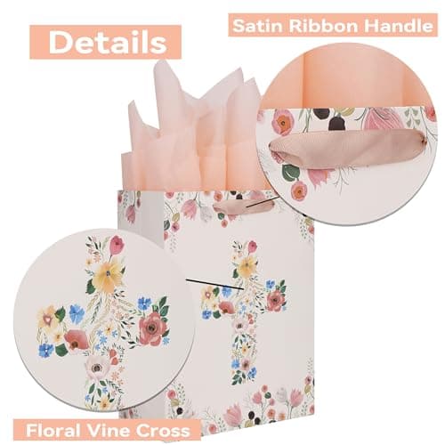 Qirrmiy 13" Large Light Yellow Floral Gift Bag Set with Greeting Card and Tissue Papers for First Communions, Baby Girl Baptisms, Christenings, Religious Occasions - 10.2'x5.2'x13', 1 Pcs.