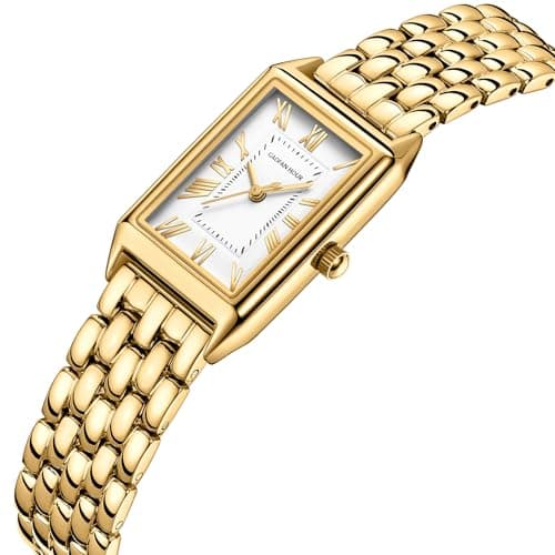 GAOFAN HOUR Gold Watches for Women with Vintage Rectangular Case,White Roman Dial,Stainless Steel Band,Adjustment Tool Included,Water Resistant