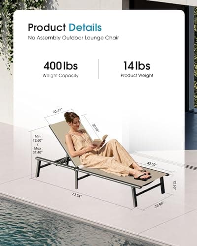 Ciokea Foldable Outdoor Lounge Chair, No Assembly Patio Chaise Lounge Outdoor with 5-Positions, Aluminum Pool Lounge Chair with Portable Design for Pool, Beach, Deck, Backyard, Khaki