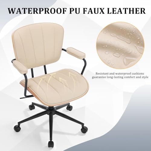 Mid Century Modern Office Chair, Fixed Back Rolling Desk Chair with Armrests and Walnut Back, Adjustable Height for Home Office, Beige