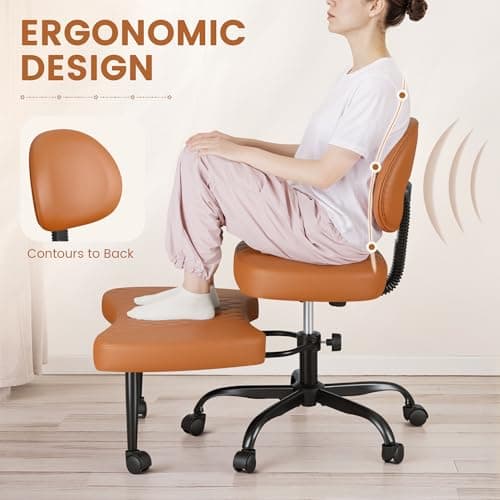 Shahoo Ergonomic Cross Legged Office Chair with Wheels - Adjustable Height Kneeling Meditation Chairs for ADHD, Yoga & Desk Work - Wide Criss Cross Seat with Lumbar Support, (Faux PU,Brown)