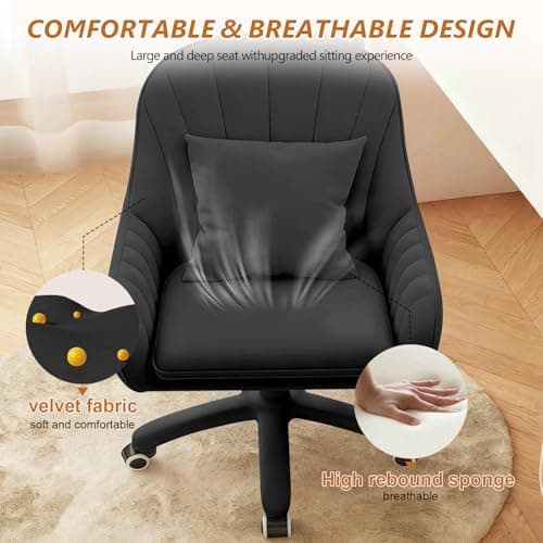 JPBSTO Upholstered Desk Chair with Pillow Swivel Rolling Accent Chair for Women Girls, Adjustable Height Vanity Chair with Wheels for Living Room, Home Office, Black