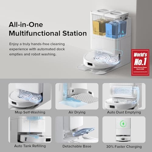 roborock Qrevo Series Robot Vacuum and Mop, 8000Pa Suction, Upgraded from Qrevo S, Anti-Tangle Brush, Smart Obstacle Avoidance, Auto Mop Washing, All-in-One Dock, 200RPM Spinning Mops, White(QV 35A)