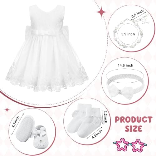 5 Pcs Baby Girl Baptism Outfit Includes Lace Christening Dresses Bowknot Headwear Cross Charm Bracelet Socks Shoes