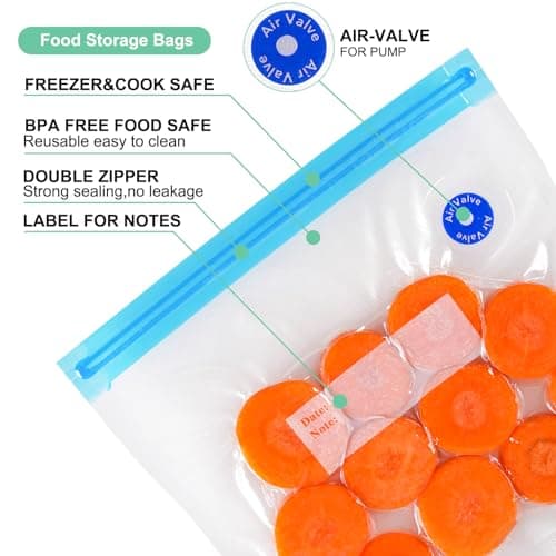 Reusable BPA Free Vacuum Sealer Bags (8.5 * 8.5in), 31 Pcs (24 Pcs Vacuum Zipper Bag & 2 Seal Clips & 5 Air Valves), Plastic, Clear, Double Zipper Seal, Microwaveable, Food Storage, Cooking
