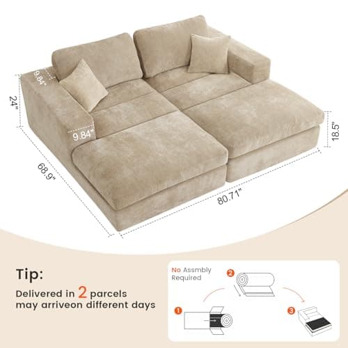 80.7" Oversized Double Chaise Lounge Chair Indoor, Cloud Boneless Sleeper Sofa Bed with 4 Pillows, Extra Deep Seat Cozy Loveseat Couch for Living Room Bedroom, No Assembly Required (Khaki)