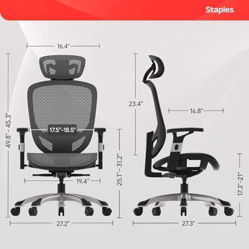 STAPLES Ergonomic Task Chair, Mesh, Ergonomic, Lumbar Support, Swivel, Gray