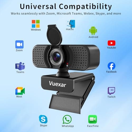 Vuexar Full HD 1080P Webcam with Microphone, Noise-Canceling, Privacy Cover, Wide-Angle Lens, Auto Light Correction, Plug & Play USB Web Camera for Laptop, Desktop, PC, Mac, Zoom, Skype – Pro Series